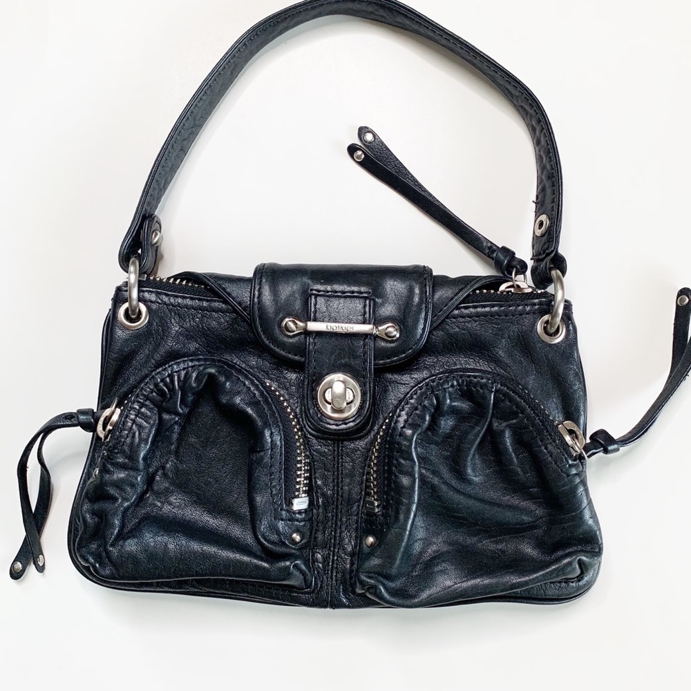 Botkier Black Leather Shoulder Bag with Front Pockets